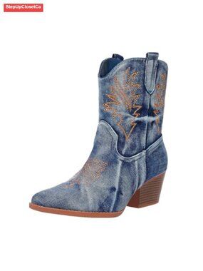 Western Ankle Booties Women Embroidered Cowboy Boots Block Heel